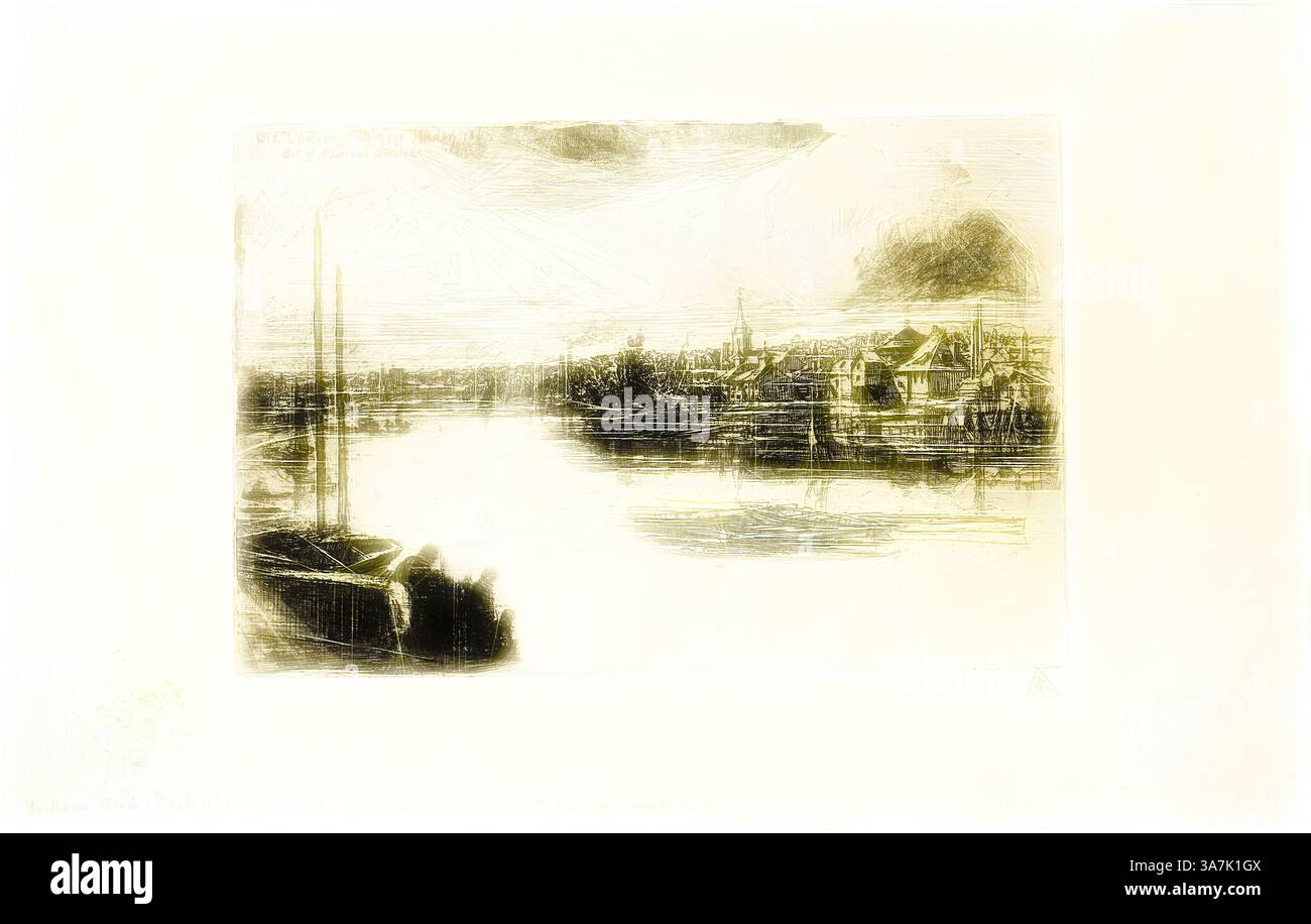 Un paysage de rivière tranquille avec des bâtiments pittoresques le long du rivage, reflétés dans l'eau calme, avec des nuages doux encadrant la scène. Les bateaux amarrés au bord ajoutent un sentiment de calme et de nostalgie., Art classique avec une touche moderne réinventé par Artotop, Battersea Reach, 1863, Francis Seymour Haden, English, 1818-1910, Angleterre, gravure à la pointe sèche sur papier posé ivoire Banque D'Images