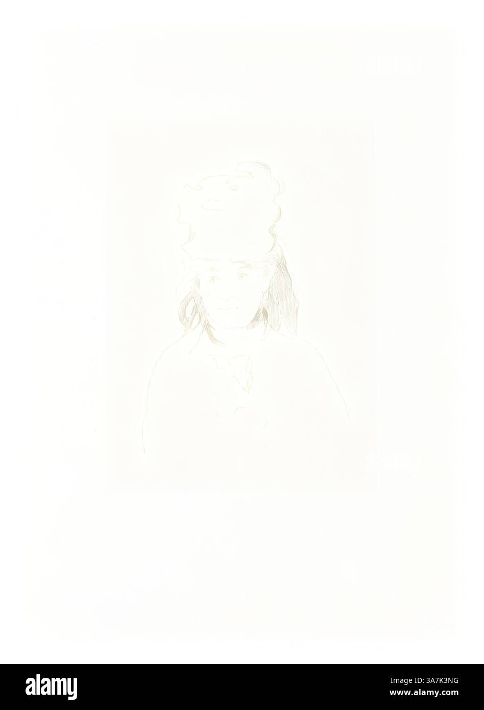 Une figure portant un grand chapeau, aux traits doux et à l'expression subtile, est représentée sur un fond clair, créant un aspect éthéré et délicat., Art classique avec une touche moderne réinventée par Artotop, Berthe Morisot in Silhouette, 1872-74, Édouard Manet, Français, 1832-1883, France, lithographie en noir sur cornichon, posée sur papier tissé ivoire (Chine collé) Banque D'Images