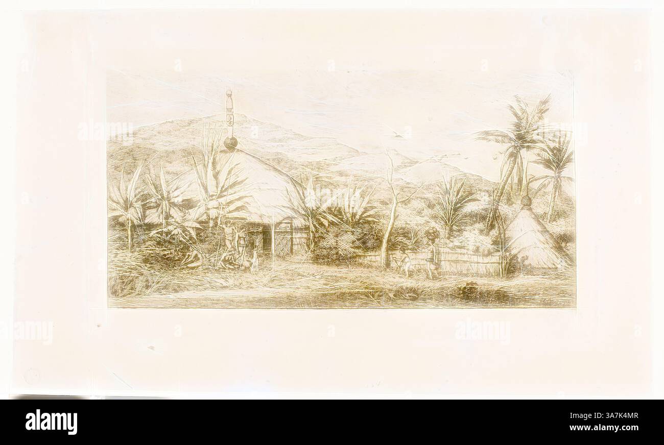 Un paysage serein avec des cabanes traditionnelles au toit de chaume au milieu de palmiers luxuriants, au milieu de collines ondoyantes. Les gens peuvent être vus engagés dans les activités quotidiennes, véhiculant un sentiment de communauté et de connexion à la nature., Art classique avec une touche moderne réinventé par Artotop, Nouvelle-Calédonie : Grande cabane autochtone sur la route de balade à Puépo, 1845, 1863, Charles Meryon, Français, 1821-1868, France, gravure avec brunissage, grattage et point sec à l'encre noire chaude sur papier posé ivoire Banque D'Images