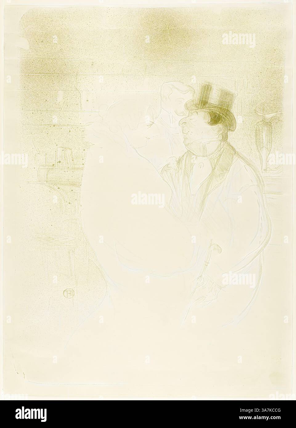 Deux personnages sont engagés dans un moment intense, l'un portant un chapeau haut de gamme et tenant une canne, suggérant un cadre formel. Leurs expressions font allusion à un échange émotionnel complexe, avec un fond flou qui ajoute à l'atmosphère., Art classique avec une touche moderne réinventé par Artotop, Ida Heath at the Bar, 1894, Henri de Toulouse-Lautrec, Français, 1864-1901, France, lithographie couleur sur papier tissé ivoire Banque D'Images