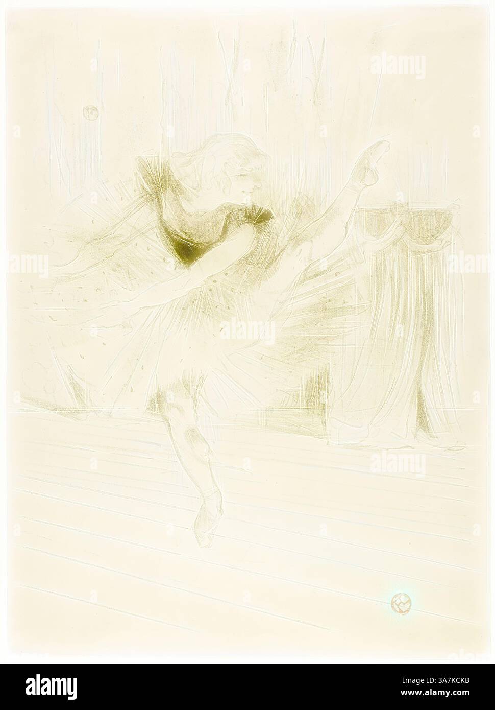 Un danseur de ballet gracieux frappe une pose dynamique, capturant l'élégance et la fluidité du mouvement sur un fond légèrement suggéré. La combinaison de lignes épurées et de détails délicats met en valeur la forme de la danseuse et l'atmosphère éthérée de la performance., Art classique avec une touche moderne réinventé par Artotop, Miss Ida Heath, danseuse anglaise, 1894, Henri de Toulouse-Lautrec, français, 1864-1901, France, lithographie couleur sur papier tissé crème Banque D'Images
