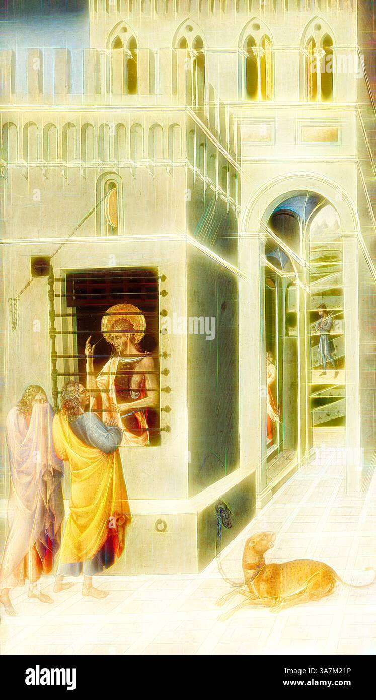 Une scène représente un groupe de personnages dans un cadre historique, interagissant près d'une structure architecturale avec des détails complexes. Une figure, bien en vue, semble être engagée dans la conversation, tandis que d'autres observent, faisant allusion à un déroulement narratif. Un chien se repose à proximité, ajoutant un moment de tranquillité à la scène par ailleurs dynamique., Art classique avec une touche moderne réinventé par Artotop, Saint Jean Baptiste en prison visité par deux disciples, 1455/60, Giovanni di Paolo, Italien, 1398-1482, Italie, Tempera sur panneau Banque D'Images Une scène représente un groupe de personnages dans un cadre historique, interagissant près d'une structure architecturale avec des détails complexes. Une figure, bien en vue, semble être engagée dans la conversation, tandis que d'autres observent, faisant allusion à un déroulement narratif. Un chien se repose à proximité, ajoutant un moment de tranquillité à la scène par ailleurs dynamique., Art classique avec une touche moderne réinventé par Artotop, Saint Jean Baptiste en prison visité par deux disciples, 1455/60, Giovanni di Paolo, Italien, 1398-1482, Italie, Tempera sur panneau Banque D'Images