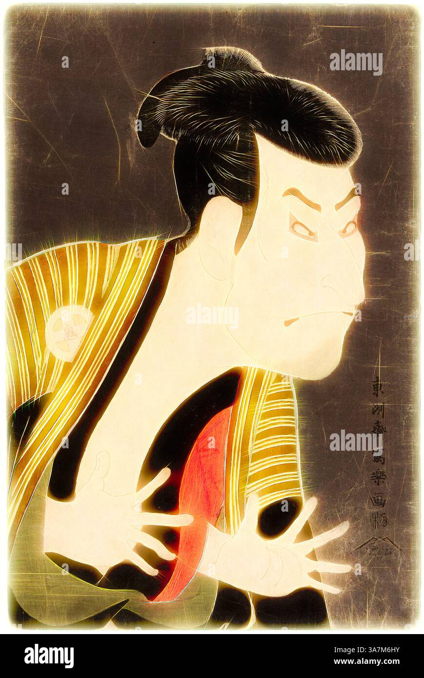 Une expression féroce caractérise une silhouette vêtue d'une tenue traditionnelle, mettant en valeur des motifs complexes et des couleurs éclatantes. Le personnage semble être dans une pose dramatique, véhiculant une forte intensité émotionnelle., Art classique avec une touche moderne réinventée par Artotop, l'acteur Otani Oniji III comme Edobei, 1794, Toshusai Sharaku 東洲斎 写楽, japonais, actif 1794-95, Japon, impression couleur sur bois, oban Banque D'Images Une expression féroce caractérise une silhouette vêtue d'une tenue traditionnelle, mettant en valeur des motifs complexes et des couleurs éclatantes. Le personnage semble être dans une pose dramatique, véhiculant une forte intensité émotionnelle., Art classique avec une touche moderne réinventée par Artotop, l'acteur Otani Oniji III comme Edobei, 1794, Toshusai Sharaku 東洲斎 写楽, japonais, actif 1794-95, Japon, impression couleur sur bois, oban Banque D'Images