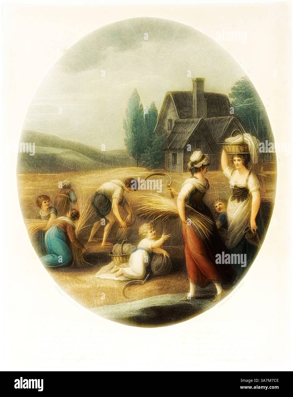 Une scène pastorale représente des femmes et des enfants engagés dans la récolte du blé, avec une campagne sereine en toile de fond avec une maison pittoresque et des arbres. L'atmosphère évoque un sentiment de communauté et la simplicité de la vie rurale., Art classique avec une touche moderne réinventé par Artotop, août, 30 août 1793, Francesco Bartolozzi (Italien, 1727-1815), d'après William Hamilton (anglais, 1751-1801), publié par John et Josiah Boydell (anglais, XVIIIe siècle), Italie, gravure en pointillés de couleur sur papier Banque D'Images