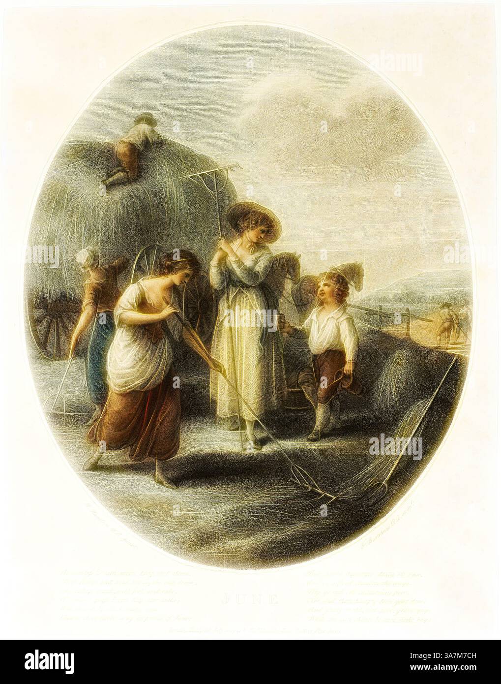 Un groupe d'individus engagés dans la récolte du foin, avec deux femmes travaillant étroitement ensemble tandis que deux hommes observent. Une femme tient un râteau, et une autre se tient en conversation avec un enfant, le tout dans un contexte pastoral de champs et de collines lointaines., Art classique avec une touche moderne réinventé par Artotop, juin, 10 juillet 1789, Francesco Bartolozzi (italien, 1727-1815), d'après William Hamilton (anglais, 1751-1801), publié par John et Josiah Boydell (anglais, XVIIIe siècle), Italie, gravure en pointillés de couleur sur papier Banque D'Images