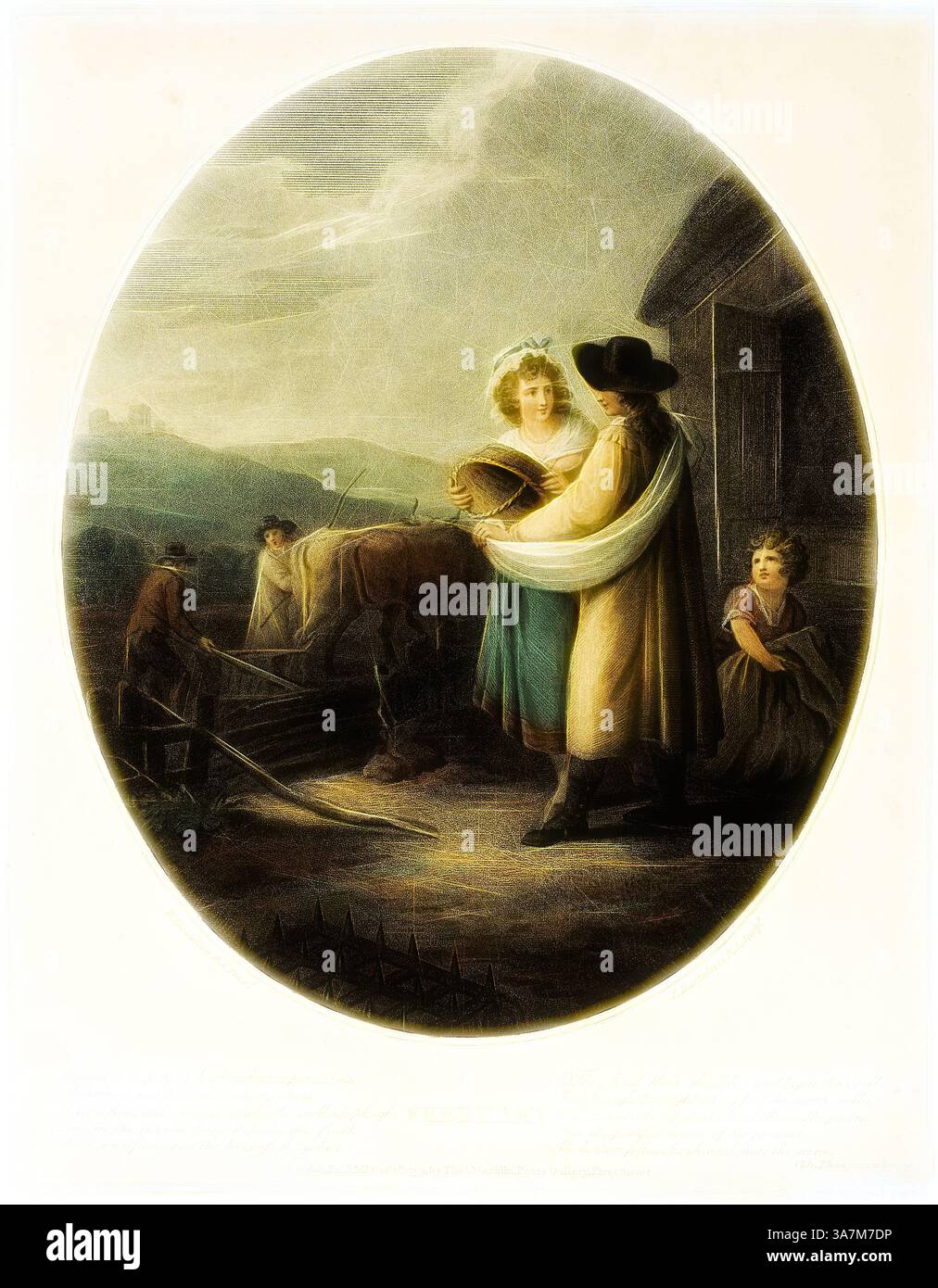 Une scène rurale sereine représente une femme recevant un panier d'un homme près d'une vache, tandis qu'un enfant observe et figure le travail en arrière-plan, le tout dans un paysage pittoresque., Art classique avec une touche moderne réinventé par Artotop, février, 1er octobre 1793, Francesco Bartolozzi (italien, 1727-1815), d'après William Hamilton (anglais, 1751-1801), publié par John et Josiah Boydell (anglais, XVIIIe siècle), Italie, gravure en pointillés de couleur sur papier Banque D'Images