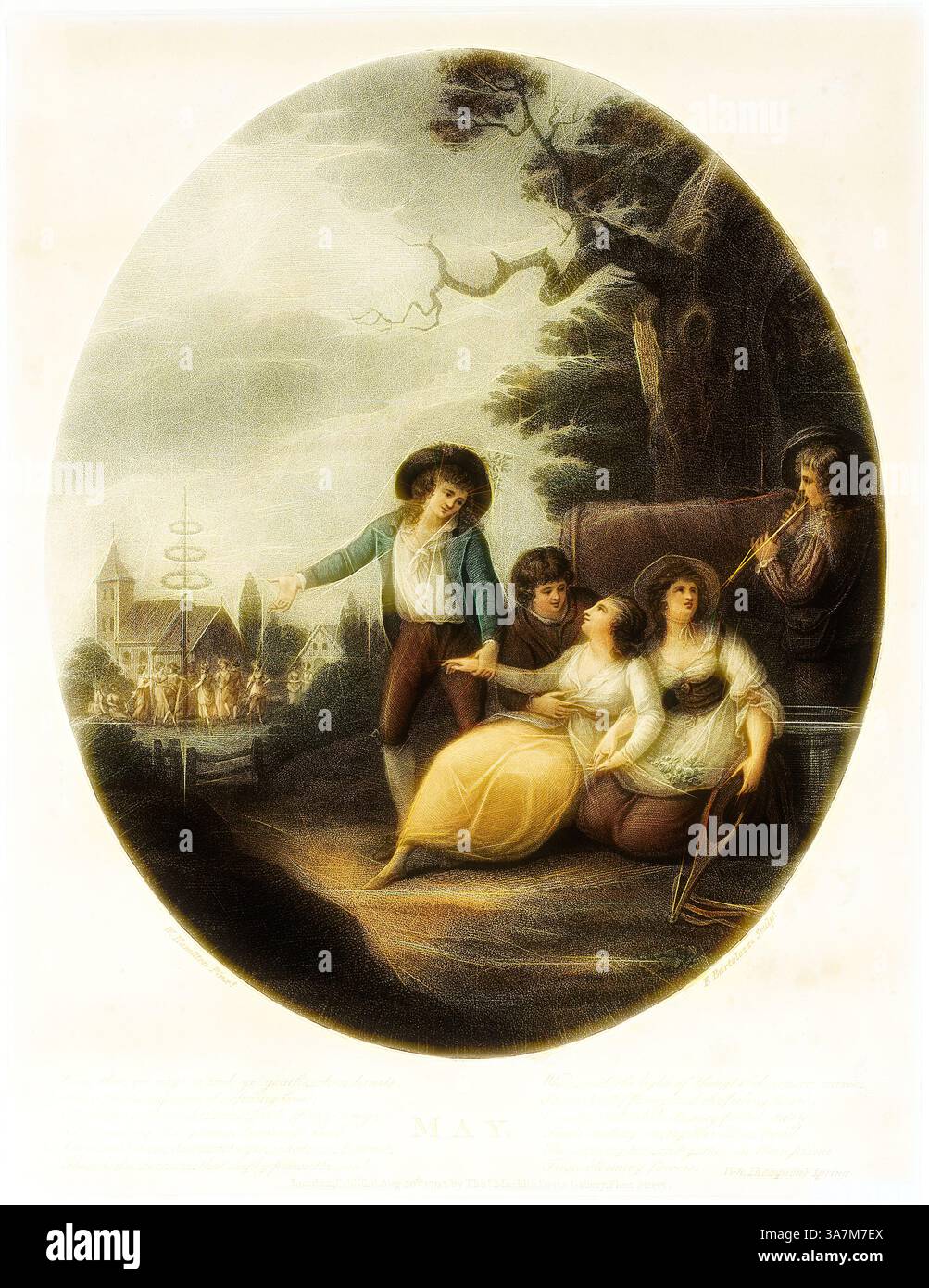 Une scène charmante capture un groupe de personnages dans un cadre pastoral, célébrant les joies du printemps. Un gentleman joue de la flûte, tandis que deux femmes sont engagées dans la conversation, et une autre figure regarde avec enthousiasme. En arrière-plan, un village peut être vu, faisant allusion à des festivités et une atmosphère vibrante., Art classique avec une touche moderne réinventé par Artotop, mai, 30 août 1793, Francesco Bartolozzi (italien, 1727-1815), d'après William Hamilton (anglais, 1751-1801), publié par John et Josiah Boydell (anglais, XVIIIe siècle), Italie, gravure en pointillés de couleur sur papier Banque D'Images