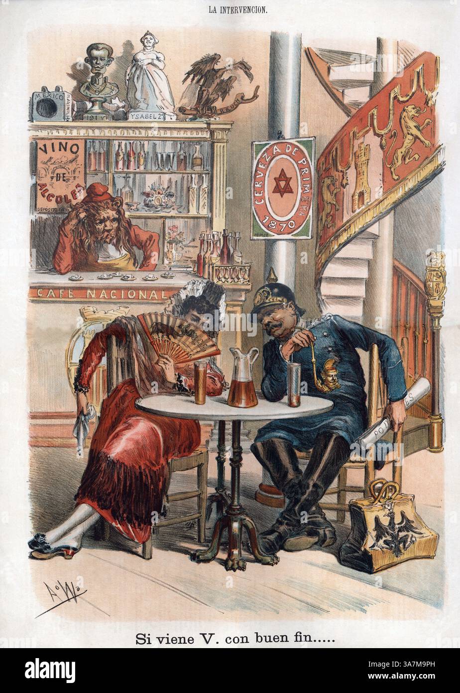 España. Dibujo satírico de política internacional recando las conversaciones de la Nación Española con el canciller Alemán Otto von Bismark en relación a la elección de un nuevo rey que diera fin al período de regencia conocido com el sexenio revolucionario, publicado en el semanario 'la Madeja Política', el 22 agosto 1874 en Barcelona. Grabado de la época. Banque D'Images