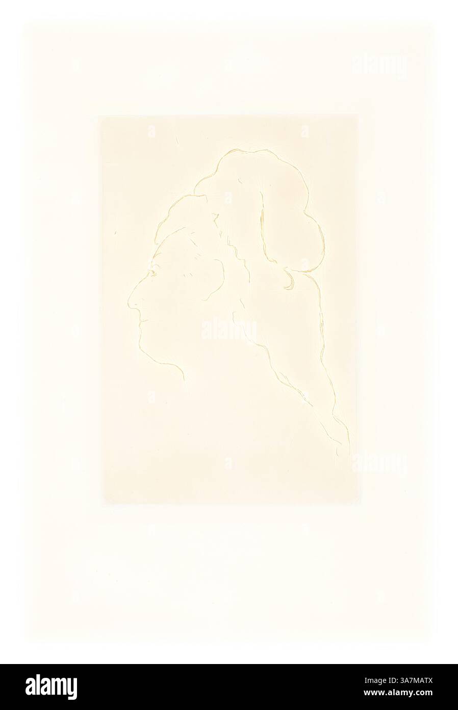 Un contour délicat d'un profil, capturant les contours gracieux et les caractéristiques d'une figure avec un promontoire de cheveux. Les textures subtiles évoquent un sentiment de tranquillité et d'élégance., Art classique avec une touche moderne réinventée par Artotop, profil d'Eva Gonzales, tourné vers la gauche, 1870, Édouard Manet, Français, 1832-1883, France, gravure avec ton de plaque en noir sur papier couché crème Banque D'Images
