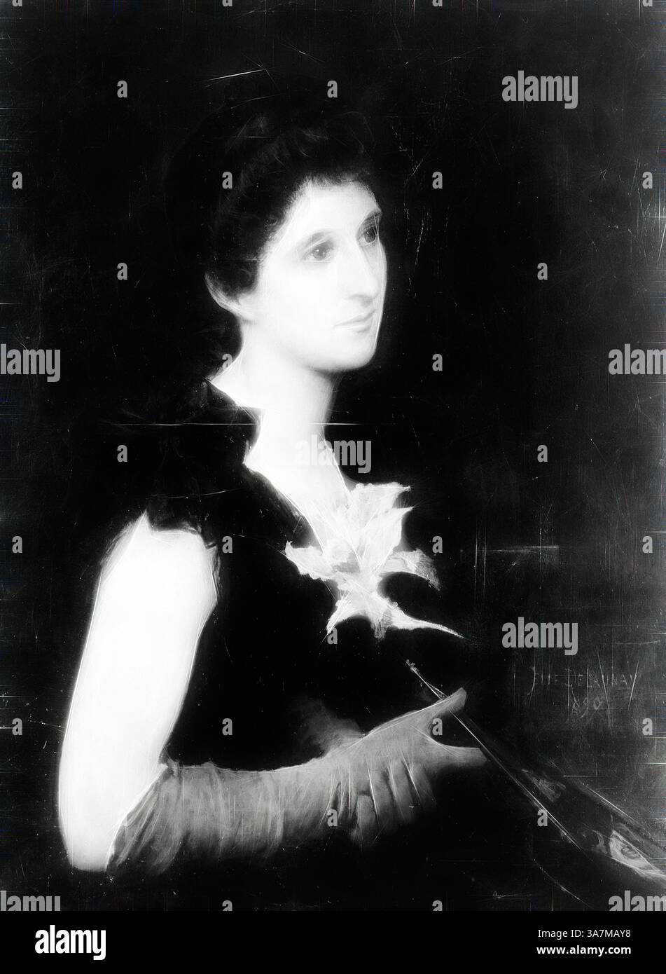 Une femme bien fixée regarde soigneusement, tenant délicatement une palette dans une main. Elle est ornée d'une tenue élégante, contrastant avec un fond sombre, qui souligne son expression sereine et sa présence gracieuse., Art classique avec une touche moderne réinventée par Artotop, Portrait de MRS Charles L. Hutchinson, 1890, Jules-Élie Delaunay, français, 1828-1891, France, huile sur toile Banque D'Images