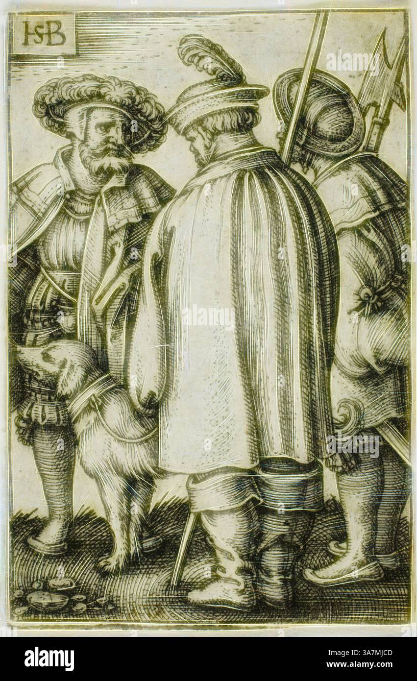 Un groupe de trois personnages dans une tenue historique élaborée s'engage dans la conversation, avec un personnage faisant des gestes animés tandis qu'un chien se tient à leurs pieds. La scène capture un moment d'interaction au milieu d'un air d'autorité et de camaraderie., Art classique avec une touche moderne réinventé par Artotop, Three Soldiers and a Dog, s.d., Sebald Beham, allemand, 1500-1550, Allemagne, gravure en noir sur papier posé ivoire Banque D'Images
