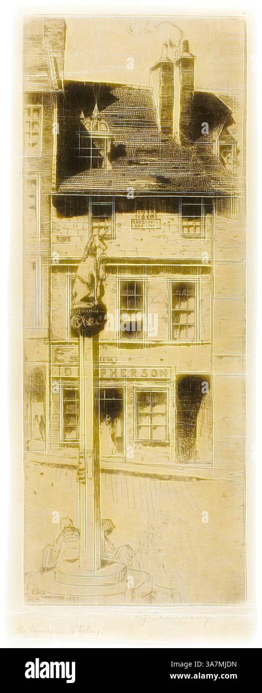 Une représentation minutieusement détaillée d'une scène de rue historique, avec un grand piédestal avec une figure au sommet, entouré de bâtiments pittoresques. L'architecture présente un mélange de styles, laissant entrevoir un charme intemporel, tandis que deux personnages conversent à proximité, ajoutant un sens de la vie au décor., Art classique avec une touche moderne réinventé par Artotop, The Unicorn, Stirling, 1891, David Young Cameron, écossais, 1865-1945, Écosse, gravure sur papier couché à la crème Banque D'Images
