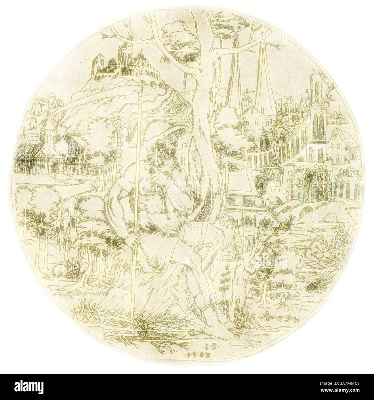 Une scène sereine met en scène une figure contemplative reposant sous un grand arbre, tenant un bâton. En arrière-plan, un paysage détaillé se déploie avec des bâtiments pittoresques, des tours lointaines et une végétation luxuriante, créant une atmosphère tranquille. L'œuvre mélange des éléments naturels avec des structures architecturales, invitant les spectateurs dans un cadre paisible et pastoral., Art classique avec une touche moderne réinventée par Artotop, Circular Design with Saturne, 1583, Jonas Silber (Master J.S.), allemand, actif 1572-1590, Allemagne, gravure poinçonnée sur papier peint buff Banque D'Images