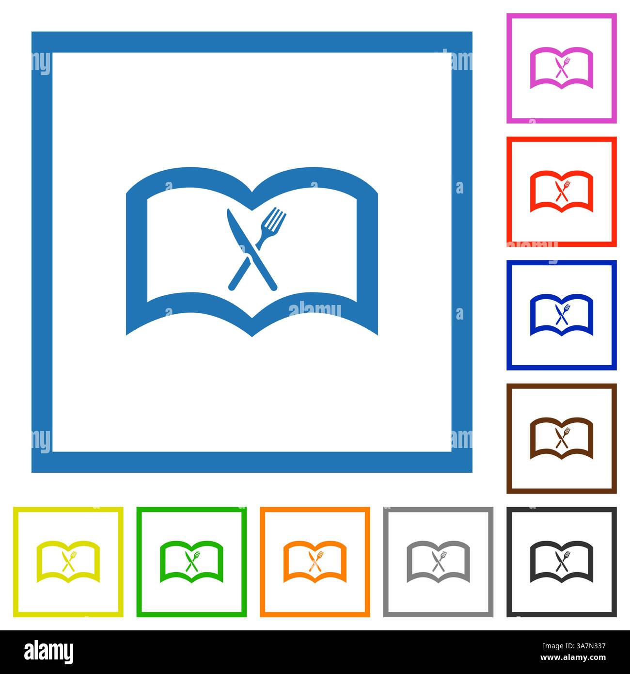 Jeu d'icônes de menu de conception plate. Un livre ouvert avec couteau et fourchette croisés, symbolisant un menu de restaurant ou un livre de cuisine. Disponible en différentes couleurs. Illustration de Vecteur