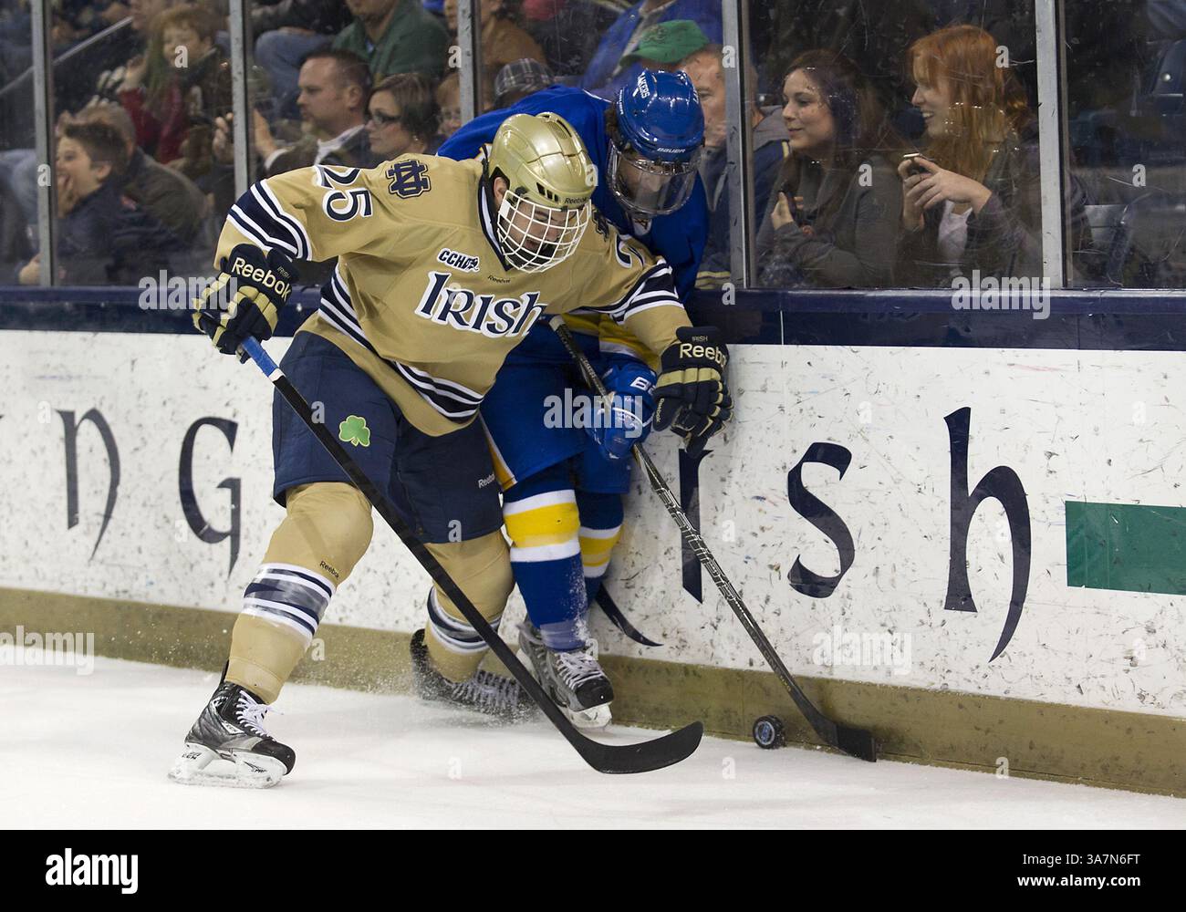 1er décembre 2012 - South Bend, Indiana, États-Unis d'Amérique - 1er décembre 2012 : le défenseur de notre Dame Kevin Lind (#25) et l'attaquant du lac supérieur Kelin Ainsworth (#6) se battent pour la rondelle lors d'un match de hockey de la NCAA entre les notre Dame Fighting Irish et les Lake Superior State Lakers à Compton Family Ice Arena à South Bend, Indiana. Notre Dame a vaincu l'État du lac supérieur 6-1.(image crédit : © John Mersits/Cal Sport Media/ZUMAPRESS.com) Banque D'Images