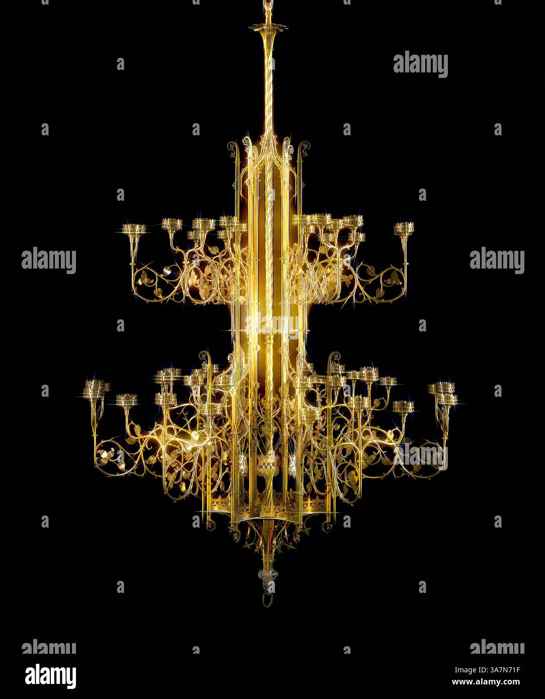 Un lustre orné avec des motifs complexes et de multiples bras, orné de bougeoirs de forme élégante, rayonnant un sentiment de luxe et de grandeur., Art classique avec une touche moderne réinventé par Artotop, Chandelier, 1852, Angleterre, Augustus Welby Northmore Pugin (anglais, 1812-1852), fabriqué par John Hardman and Company (Birmingham, fondée en 1838), Angleterre, laiton et émaux Banque D'Images