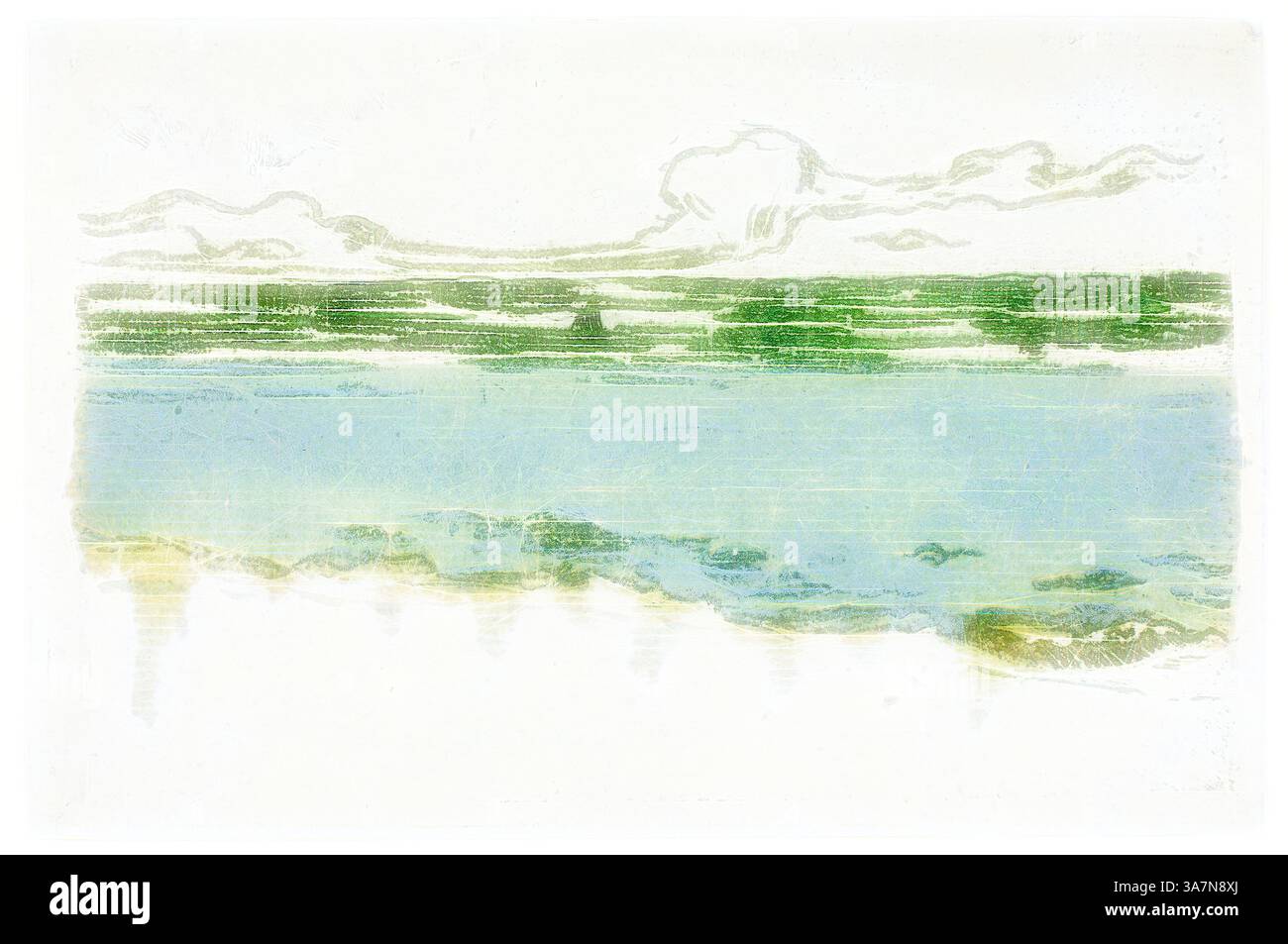 Un paysage côtier serein avec de douces vagues qui se tapissent contre le rivage sous un ciel rempli de nuages doux, mélangeant des teintes de vert et de bleu qui évoquent un sentiment de tranquillité et la beauté de la nature., Art classique avec une touche moderne réinventé par Artotop, la mer à Bognor, 1895, Theodore Roussel, français, a travaillé en Angleterre, 1847-1926, France, gravure sur fond doux, encré à la poupée, en vert jaunâtre et bleu verdâtre sur papier peint ivoire Banque D'Images