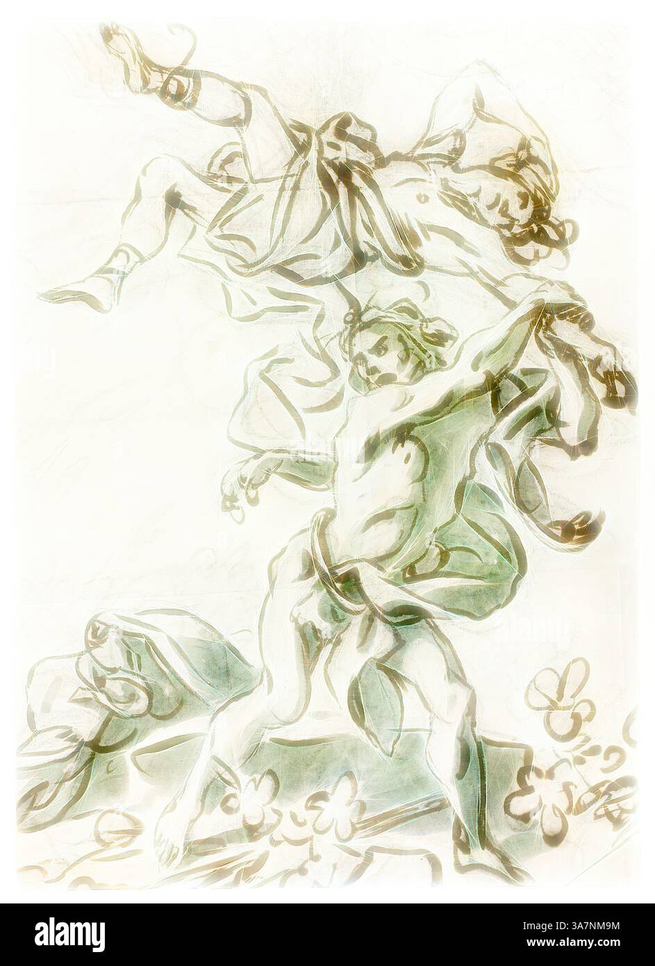 Une scène dynamique mettant en scène deux figures éthérées en mouvement, gracieusement enlacées entre tissus fluides et éléments floraux délicats, transmettant une sensation de mouvement et d'émotion. Les figures présentent un mélange de force et d'élégance, capturant un moment d'interaction qui évoque une esthétique classique., Art classique avec une touche moderne réinventé par Artotop, Hercules et Lichas, n.d., Filippo Falciatore, italien, actif à Naples, 1718-1768, Italie, craie noire avec plume et encre brune et pinceau et lavage bleu-vert sur papier pondu ivoire fragmenté, piqué pour transfert Banque D'Images