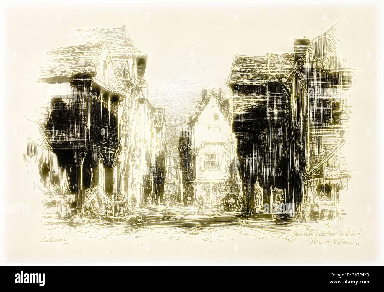 Une rue de village pittoresque bordée de charmants bâtiments historiques, présentant une architecture complexe et un sentiment d'intemporalité. On peut voir des calèches, ajoutant à l'atmosphère nostalgique de cette scène tranquille., Art classique avec une touche moderne réinventé par Artotop, un vieux quartier de vitré, Ille-et-Vilaine, 1879, Maxime Lalanne, Français, 1827-1886, France, gravure et point sec sur papier de porcelaine crème, posé sur papier tissé ivoire Banque D'Images