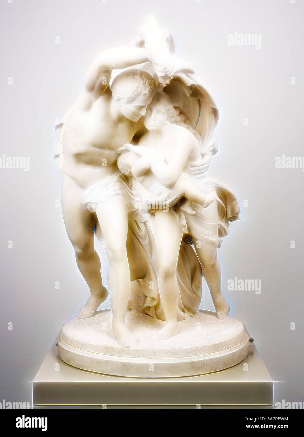 Sculpture détaillée représentant un homme et une femme, élégamment drapés de vêtements fluides, avec l'homme tenant la femme et un enfant proches. La composition transmet un sentiment de protection et de tendresse, soulignant le lien émotionnel entre les figures. Leurs expressions et poses évoquent des thèmes d'amour, de famille et de soutien., Art classique avec une touche moderne réinventé par Artotop, vol de Pompéi, 1873, Giovanni Maria Benzoni, Italien, 1809-1873, Rome, marbre Banque D'Images