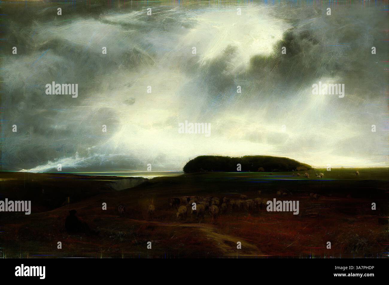 Un paysage sombre se déploie avec des nuages spectaculaires qui se dressent au-dessus du ciel, projetant une atmosphère sombre sur des collines lointaines. Au premier plan, un groupe de moutons pèle paisiblement, tandis qu'une figure solitaire regarde de l'ombre, ajoutant un sentiment de réflexion tranquille à la scène., Art classique avec une touche moderne réinventé par Artotop, The Storm, 1876, George Inness, American, 1825-1894, États-Unis, huile sur toile Banque D'Images