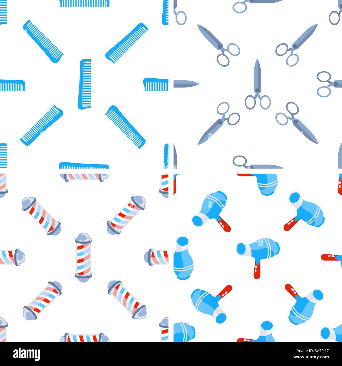 Modèle sans couture avec des outils de barbier montrant des peignes, des ciseaux, un sèche-cheveux et des bâtons de barbier Illustration de Vecteur