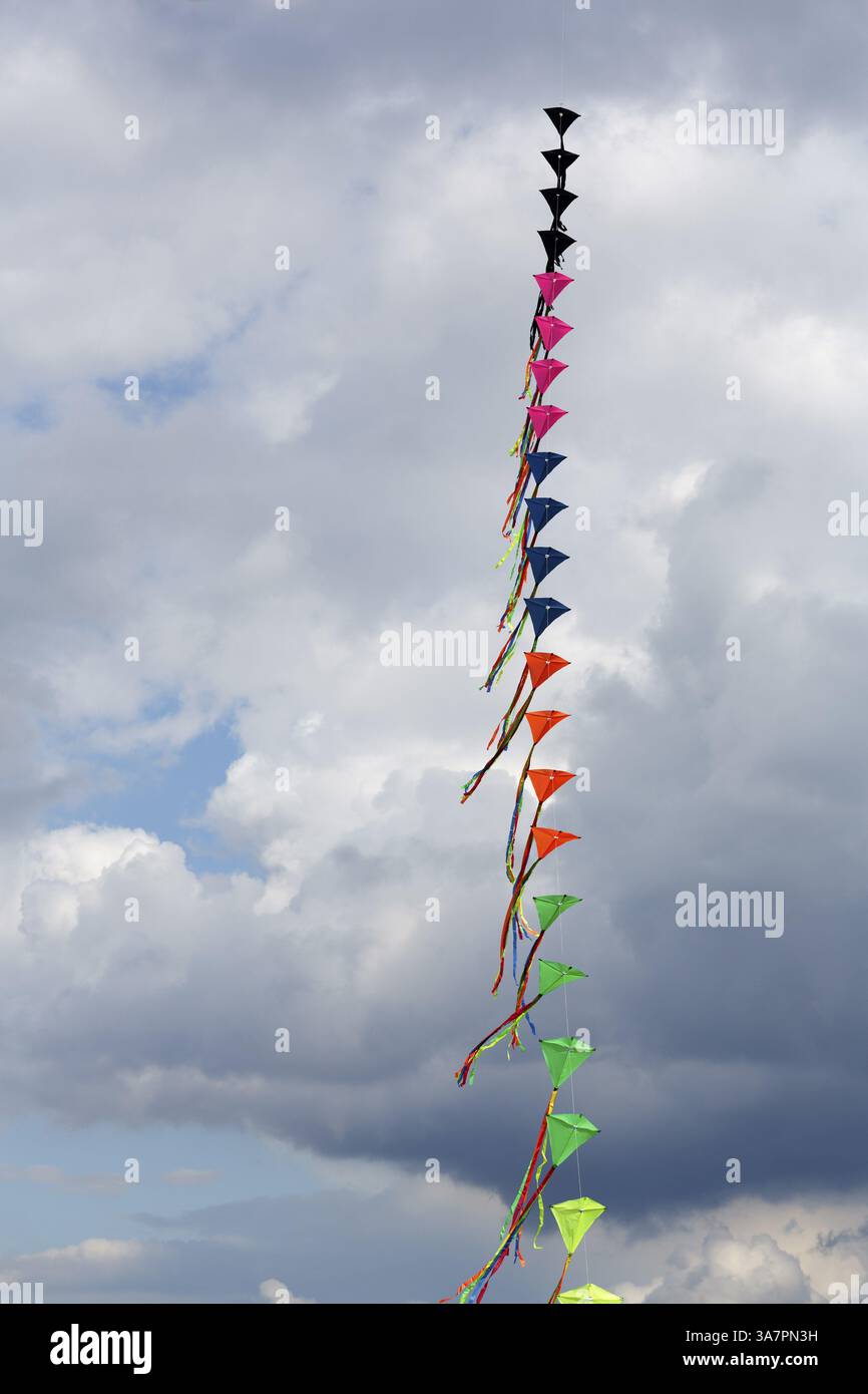 Cerfs-volants colorés volants dans le ciel, guirlande, festival de cerfs-volants à Vinsebeck, Steinheim, Eggebirge et parc naturel de la forêt du sud de Teutoburg Banque D'Images