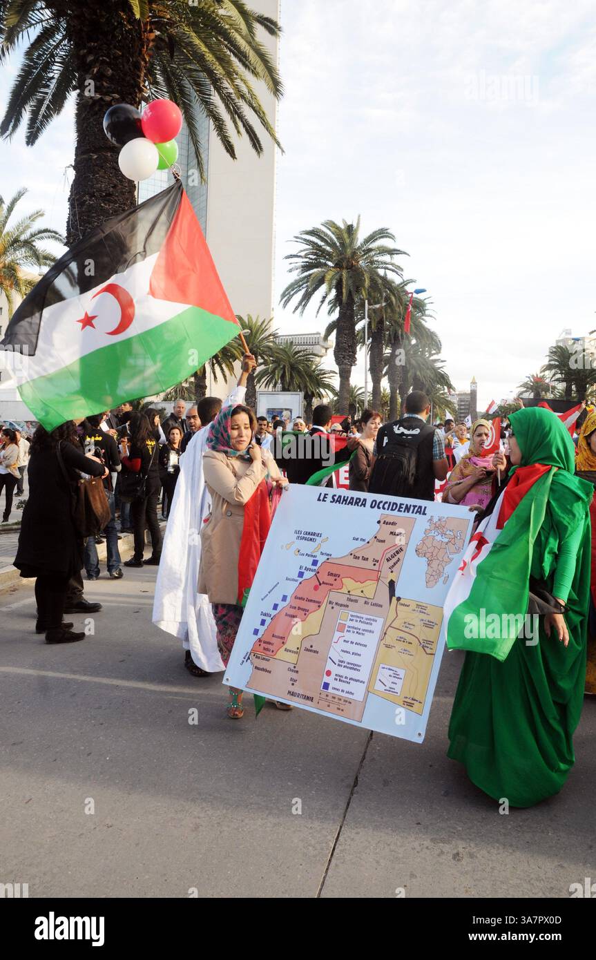 26 mars 2013 - Tunis, Tunis, Tunisie - des participants du Sahara Occidental dans le sud du Maroc..des milliers d'altermondialistes ont ouvert depuis le 14 janvier au centre de Tunis une marche marquant l'ouverture officielle de la 12ème édition du Forum social mondial (FSM-Tunis 2013)..ce forum est organisé pour la première fois dans un pays arabe, des participants de 135 pays. (Crédit image : © Chokri Mahjoub/ZUMAPRESS.com) Banque D'Images