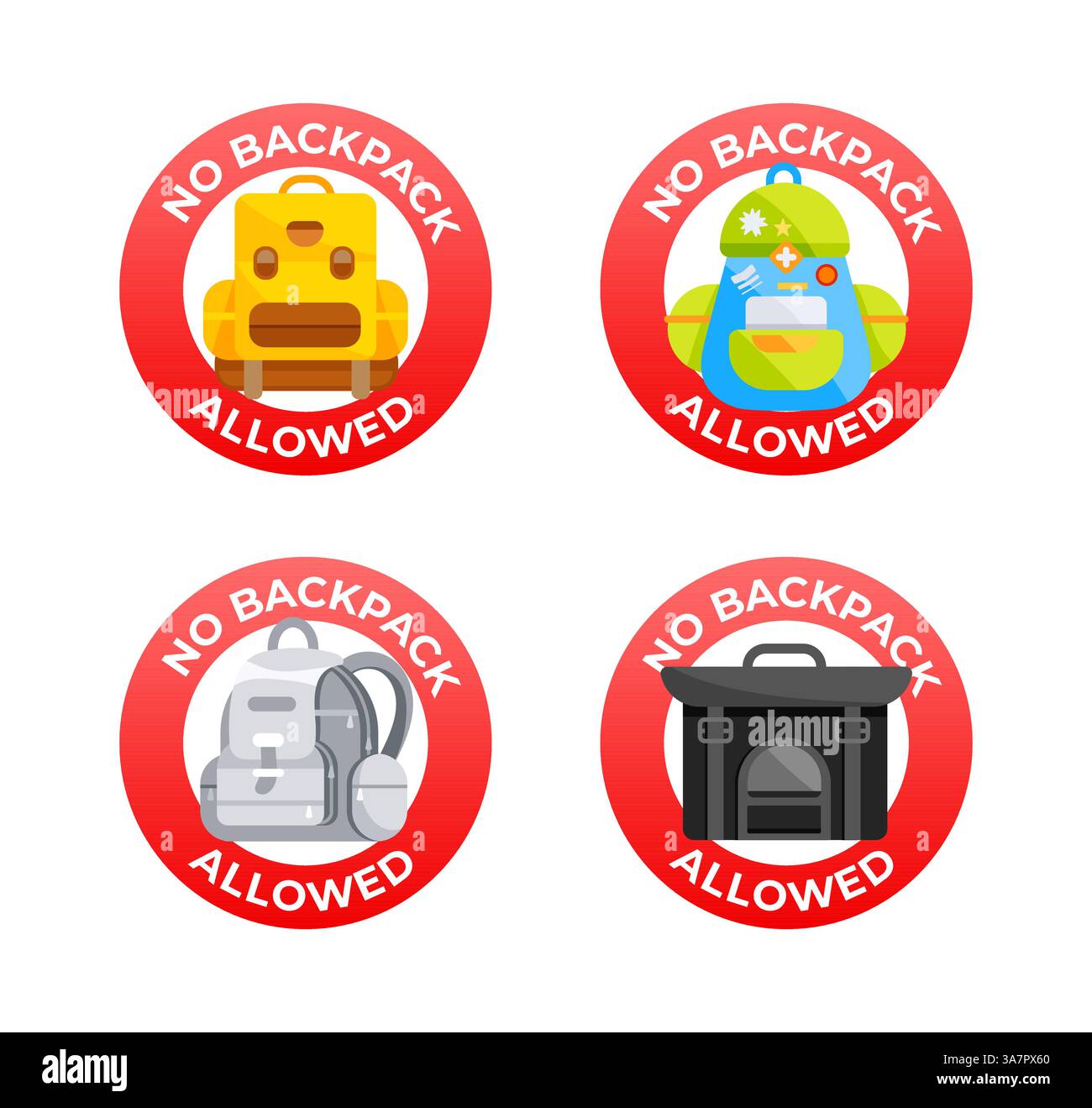 Aucun sac à dos autorisé panneaux montrant différents sacs à dos et sacs interdisant les sacs à dos dans les espaces publics Illustration de Vecteur