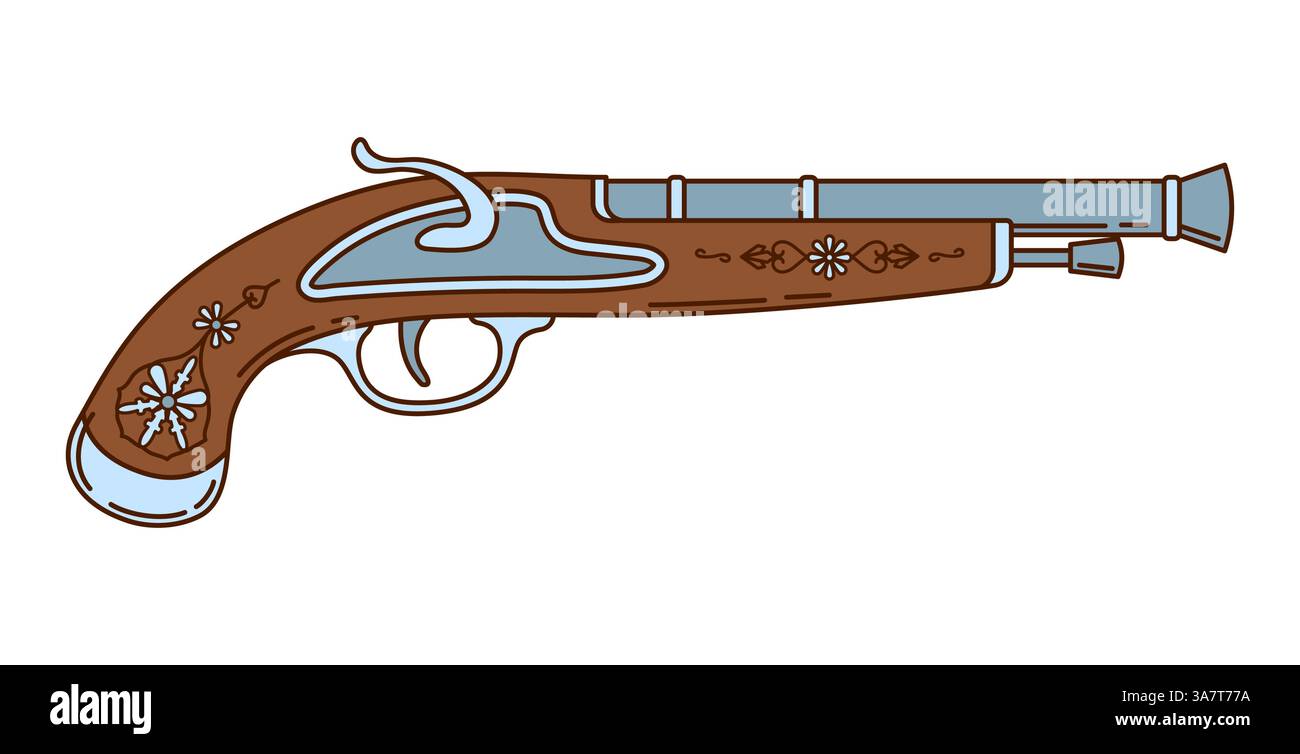 Caricature groovy corsaire et silex pirate, pistolet vintage avec gravures sur sa poignée en bois et son canon en métal. Arme à feu classique à vecteur isolé Illustration de Vecteur