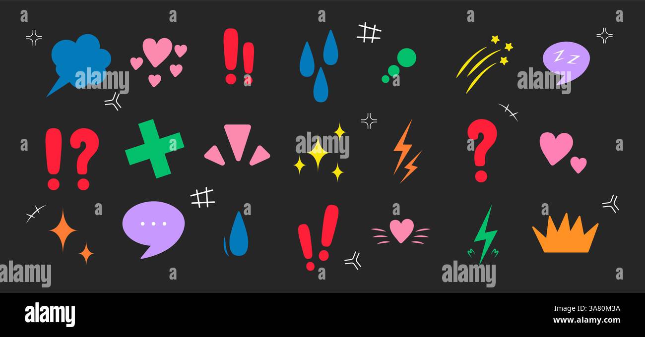 Effet d'émotion anime. Doodle icônes manga. Symbole d'idée et d'exclamation. Clipart pop art. Illustration vectorielle de gribouillage dans des couleurs vives Illustration de Vecteur