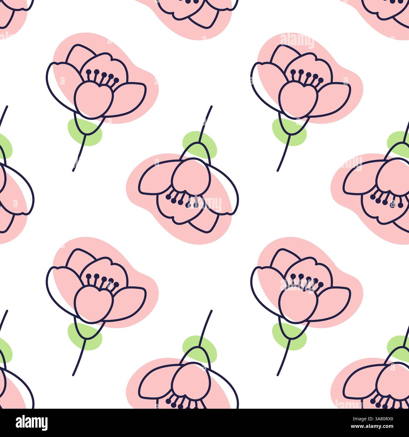 Motif sans couture de fleurs de cerisier. Illustration de contour avec points de couleur. Griffonner. Fleurs de cerisier dessinées à la main isoler sur blanc. Texture Sakura. Conception en tissu Illustration de Vecteur