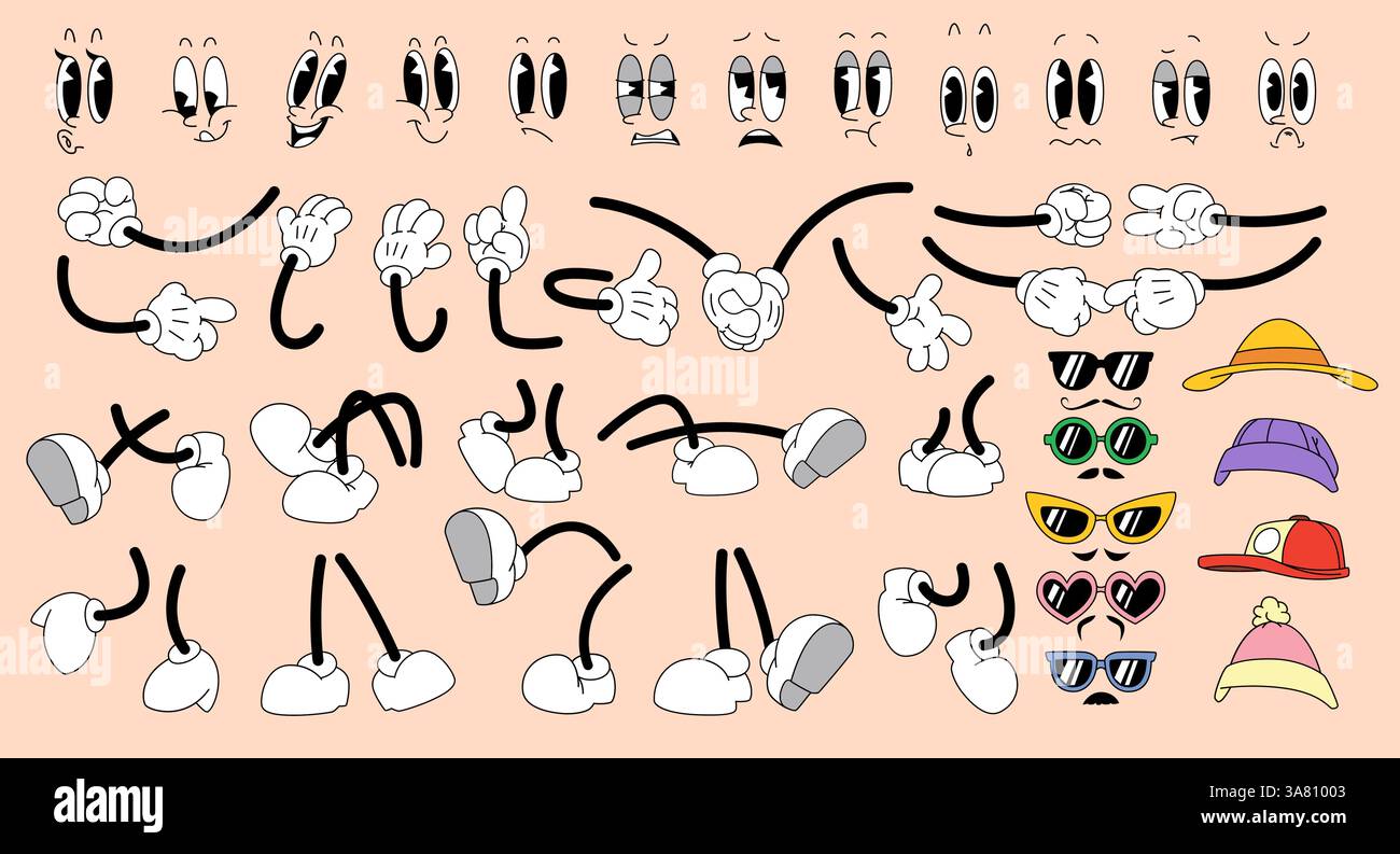Mains de style dessin animé rétro dans des gants, jambes dans des chaussures, émotions de visage et collection d'accessoires - illustrer l'art illustrations de parties du corps expressives pour l'animation de marionnettes. Lignes noires dessins simples.. Illustration de Vecteur