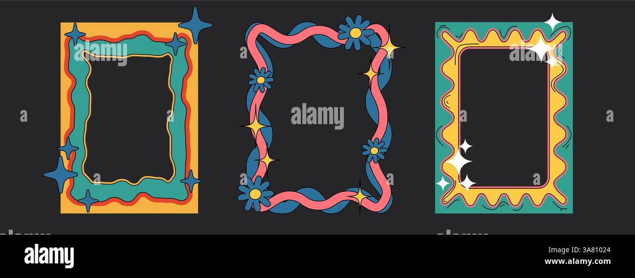 Groovy bordures colorées avec des lignes ondulées, des étoiles, des fleurs. Cadres rétro psychédéliques dans le style hippie des années 1960. Éléments décoratifs funky pour affiches, invitations, cartes. Ornements rectangulaires à motifs. Illustration de Vecteur
