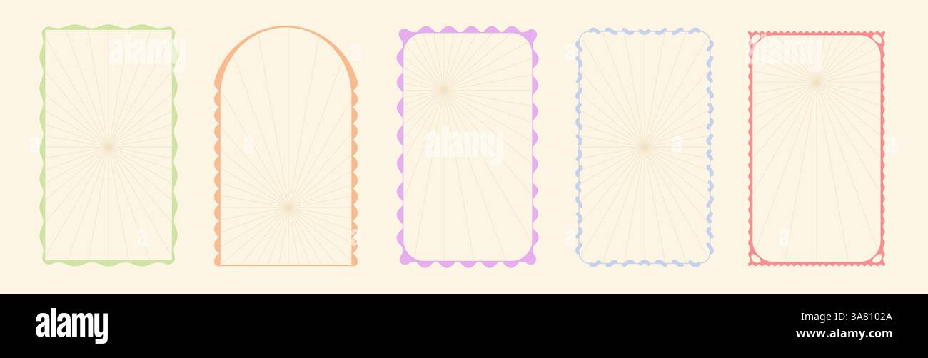 Cadres rectangulaires et arqués avec bordures décoratives festonnées dans des couleurs pastel. Bords ondulés délicats et motif de lignes concentriques pour des étiquettes ou étiquettes vintage élégantes. Contours verticaux rainurés. Illustration de Vecteur