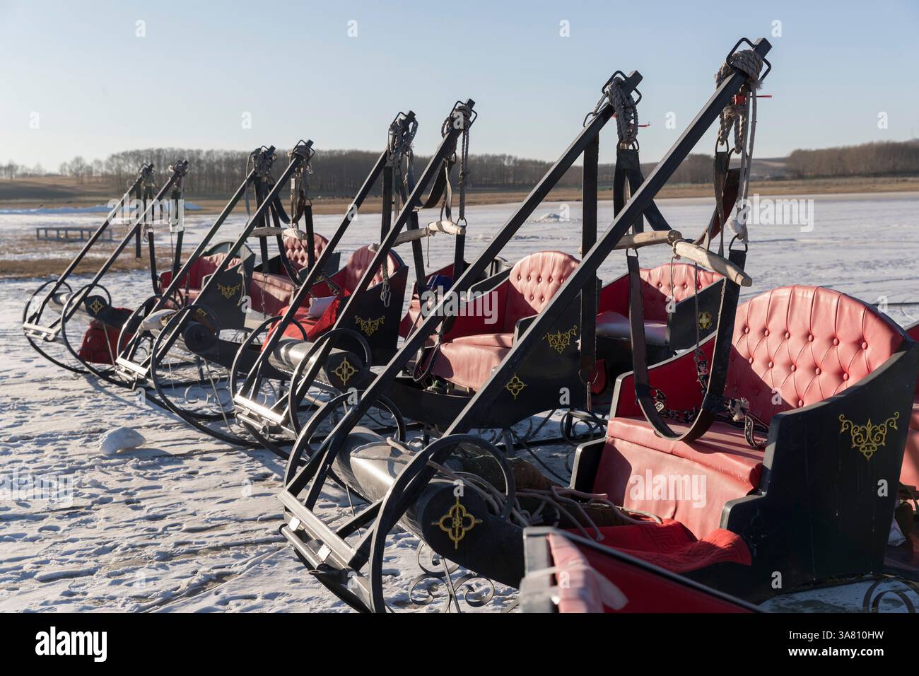 Vélos de glace colorés sur Frozen Lake Banque D'Images