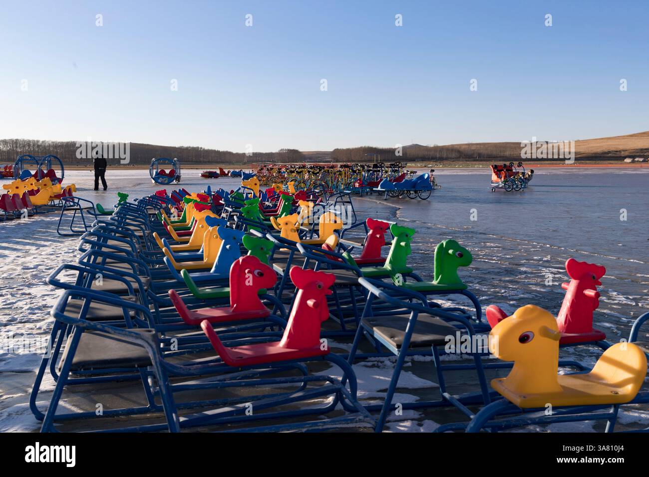 Vélos de glace colorés sur Frozen Lake Banque D'Images