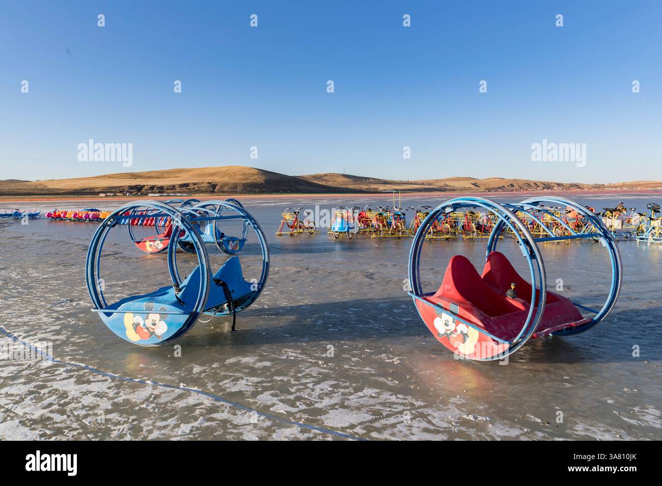 Vélos de glace colorés sur Frozen Lake Banque D'Images