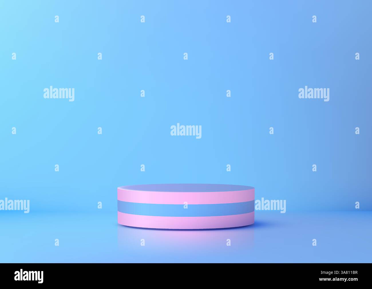 Maquette de podium cylindrique rayée 3D rose et bleue sur un fond bleu clair, un affichage de produit, une exposition ou une vitrine moderne. Design minimaliste et élégant Illustration de Vecteur