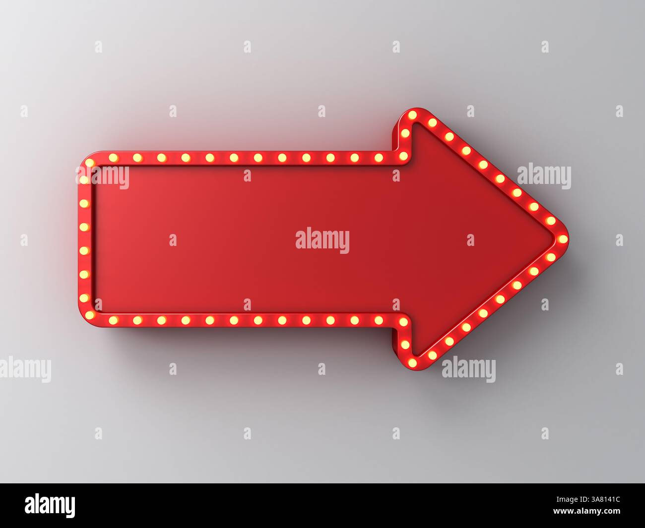 Panneau de signalisation rouge rétro flèche vierge avec des ampoules au néon jaune rétro isolé sur fond de mur blanc foncé avec des concepts d'idée créative d'ombre rendu 3D. Banque D'Images