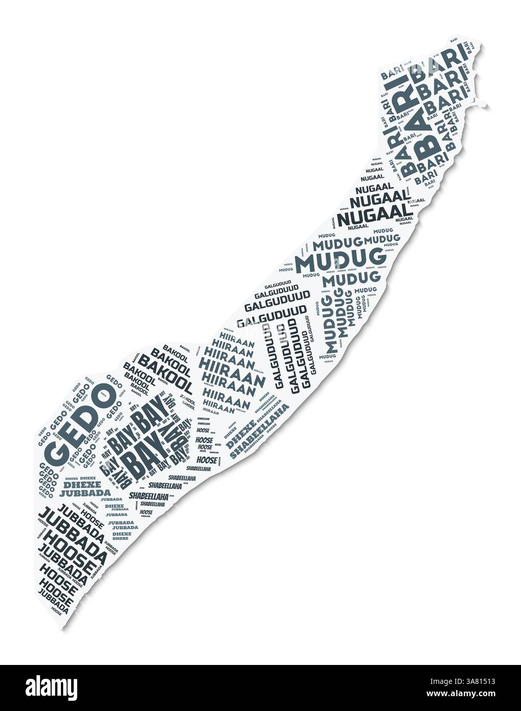 Nuage de texte de forme Somalie. Frontière de pays avec ombre sur fond blanc. Somalie avec division des régions dans le style vintage gazette. Illustration de Vecteur