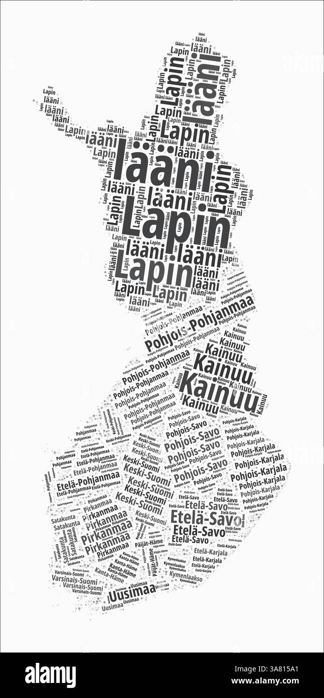 Finlande régions de style de texte. Pays région nomme les nuages de mots en finnois. Illustration vectorielle élégante. Illustration de Vecteur
