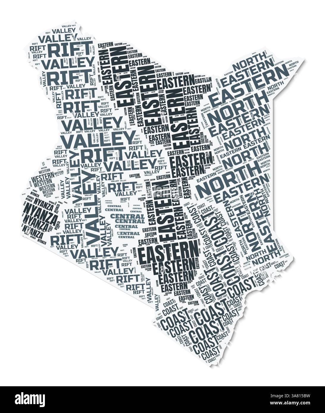 Nuage de texte de forme Kenya. Frontière de pays avec ombre sur fond blanc. Kenya avec division des régions dans le style vintage gazette. Illustration de Vecteur