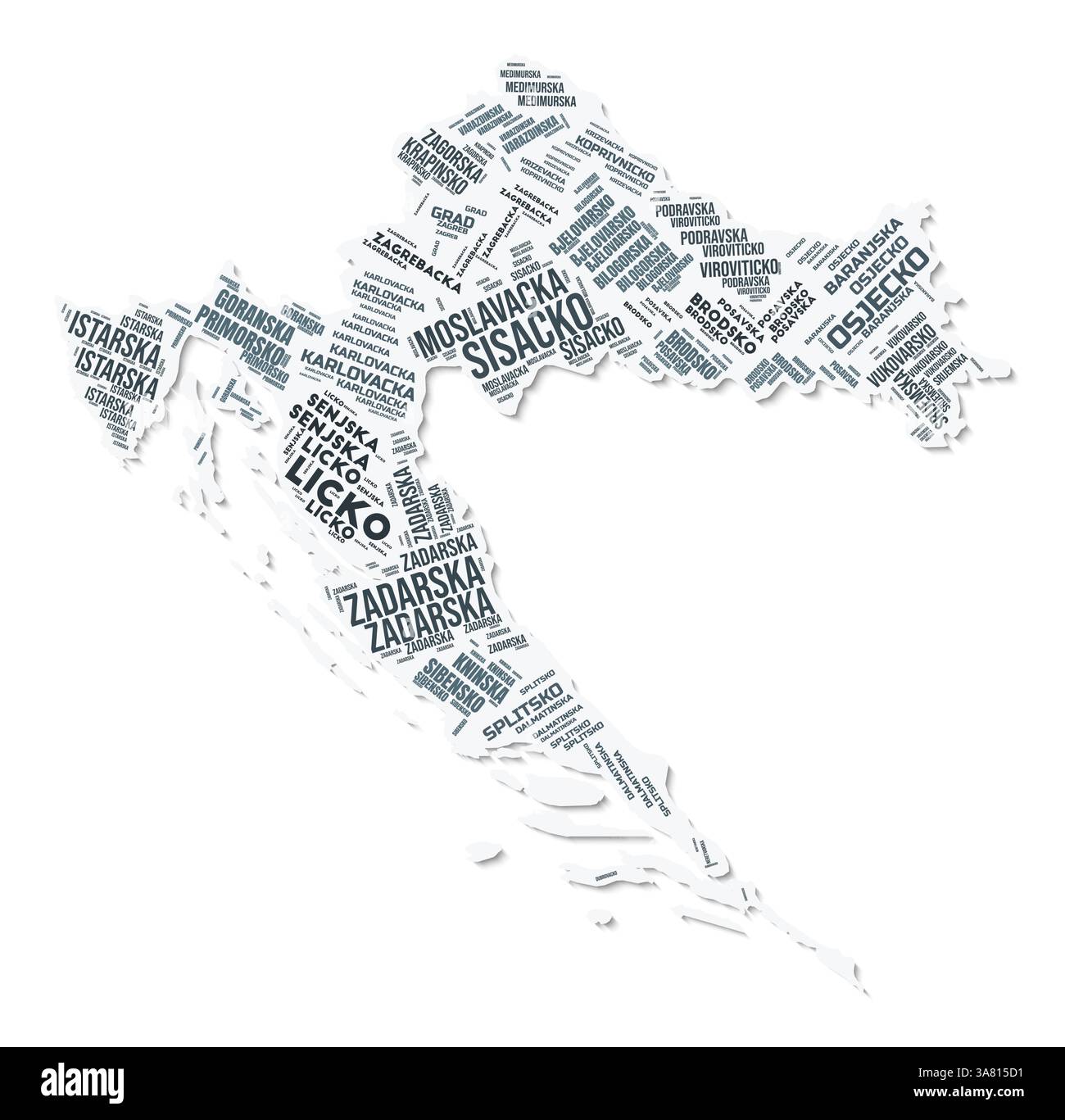 Nuage de texte de forme Croatie. Frontière de pays avec ombre sur fond blanc. Croatie avec division des régions dans le style vintage gazette. Illustration de Vecteur
