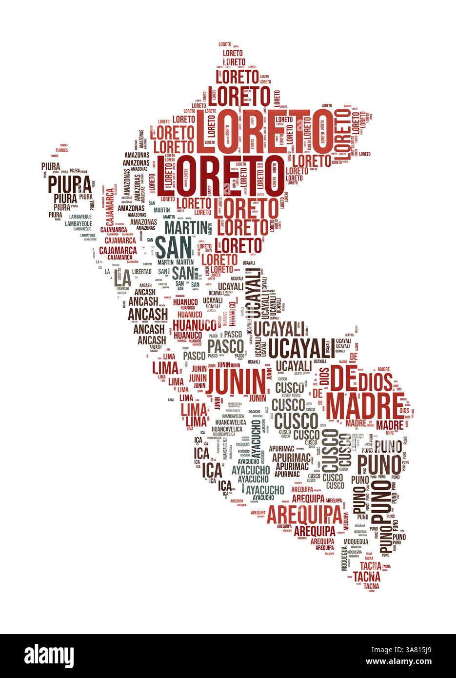 Pérou Word Cloud. Forme du pays avec division de région. Image de style typographie Pérou. Nuages de balises de noms de région. Illustration vectorielle. Illustration de Vecteur