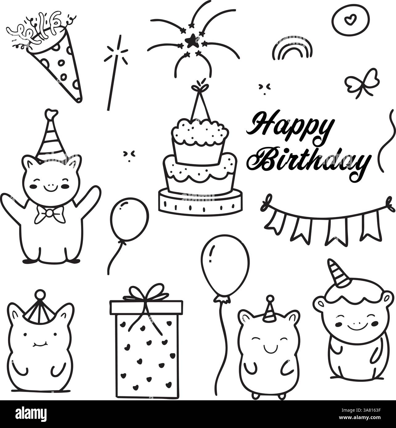 Ensemble Doodle joyeux anniversaire Illustration de Vecteur