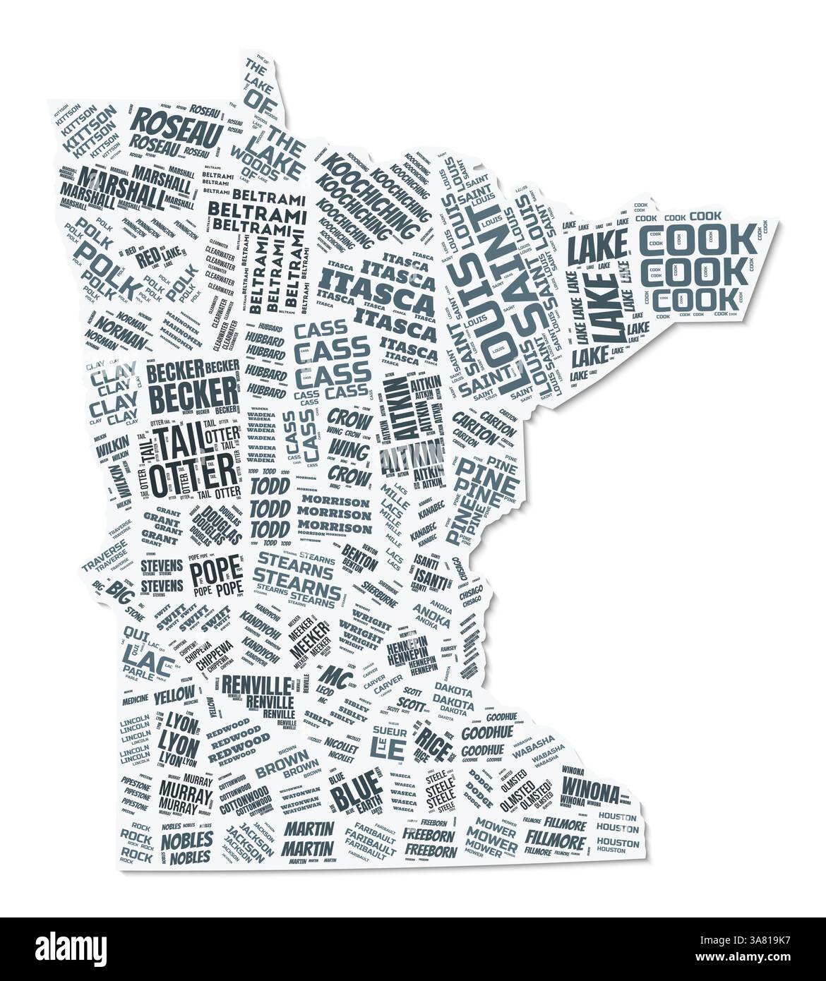 Nuage de texte de forme Minnesota. Frontière d'état avec ombre sur fond blanc. Minnesota avec division des comtés dans le style vintage gazette. Illustration de Vecteur