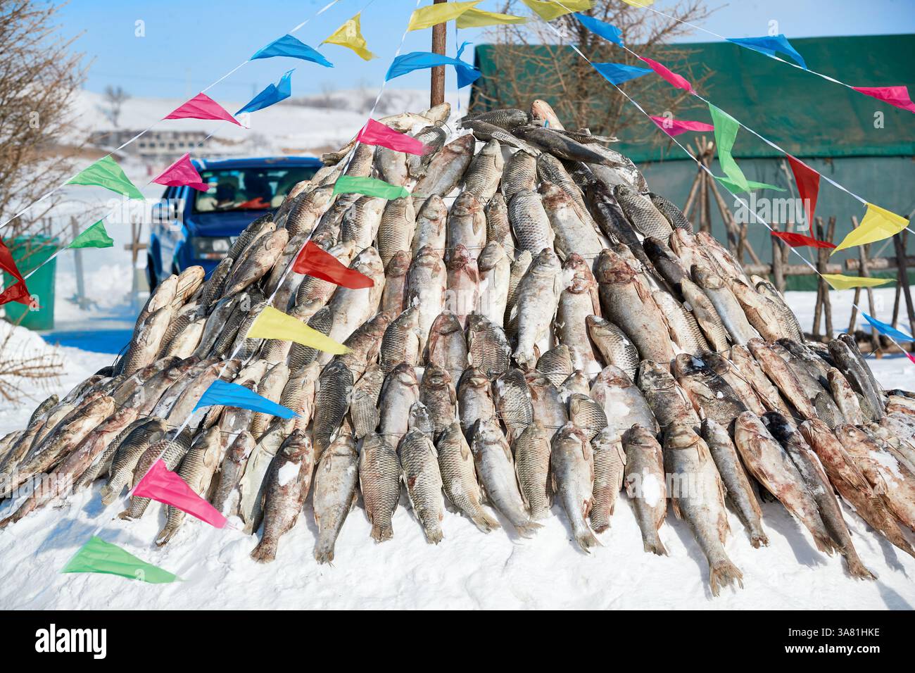 Pyramide de poisson sur la neige avec drapeaux colorés Banque D'Images