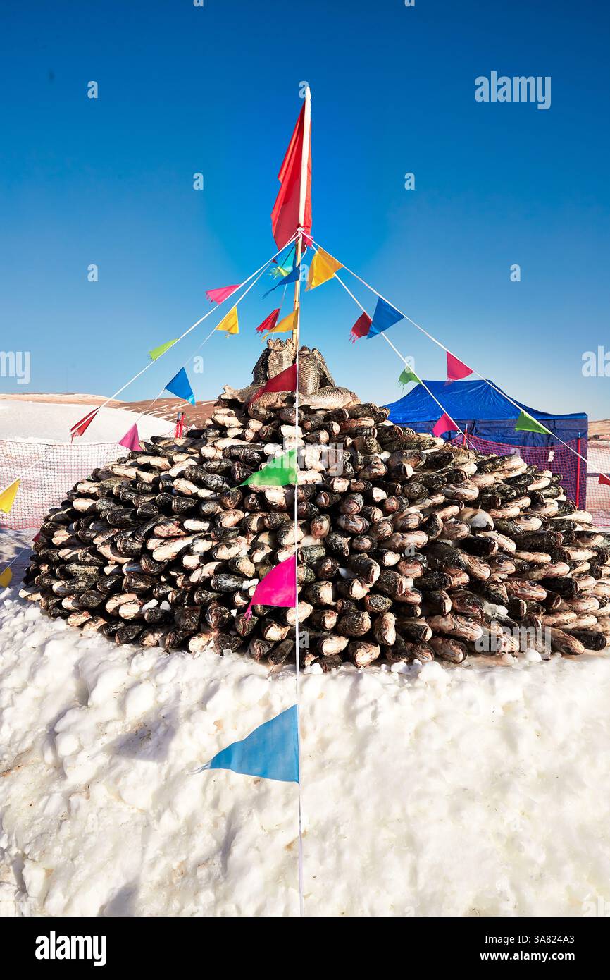 Pyramide de poisson sur la neige avec drapeaux colorés Banque D'Images