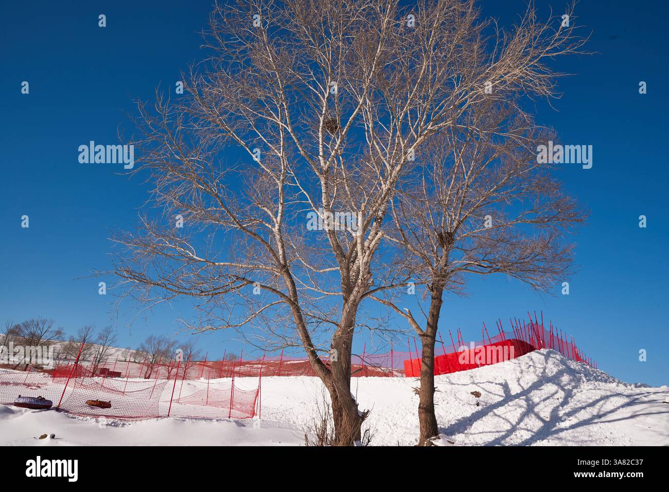 Station de ski supérieure avec filet de sécurité rouge Banque D'Images